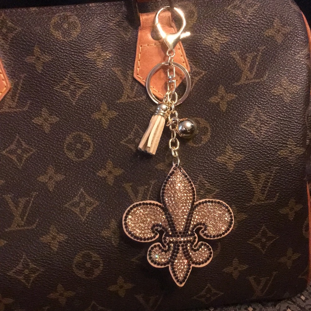 Purse BLING Fleur De Lis  gold black crystal charm clip on bag Sparkle…